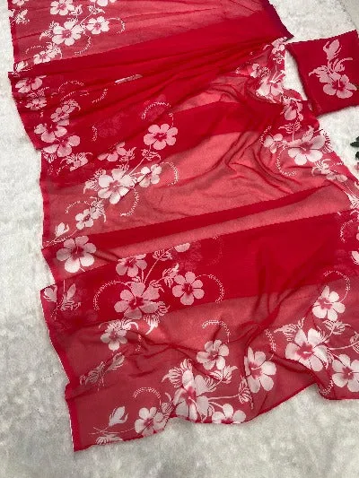 1 Min Red Taby Organza Silk Stitched Readymade Saree