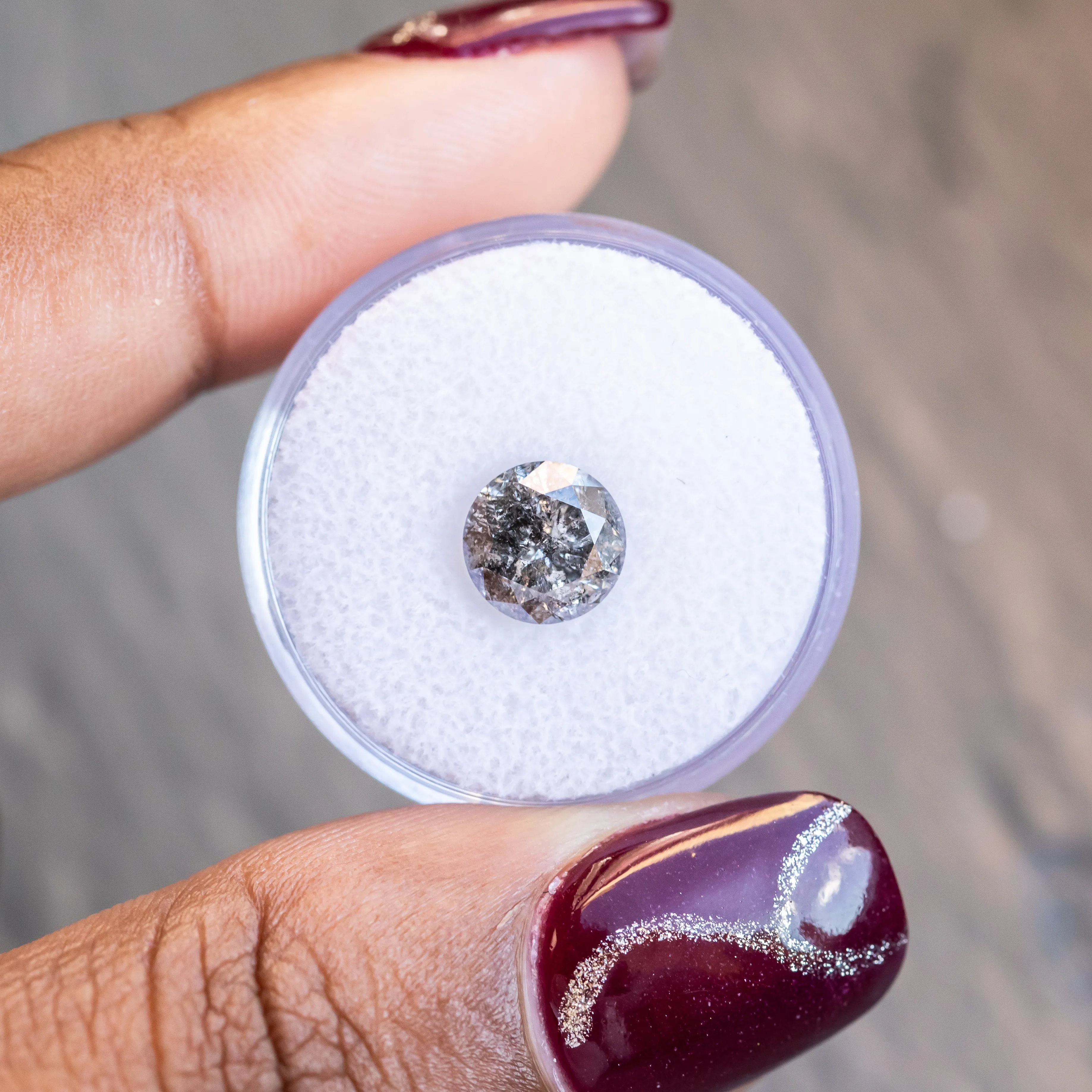 2.16CT ROUND BRILLIANT SALT AND PEPPER DIAMOND, DARK AND MOODY GREY WITH SILVER SPARKLE, 7.9X5.26MM