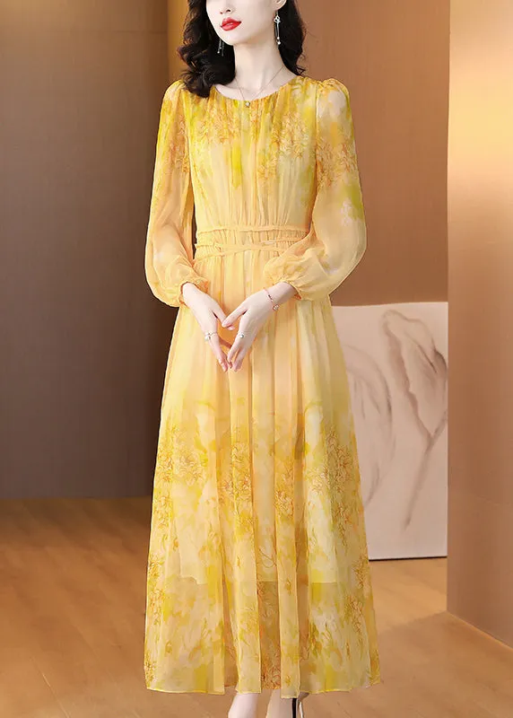 Art Yellow O Neck Print Lace Up Silk Long Dress Summer BB019