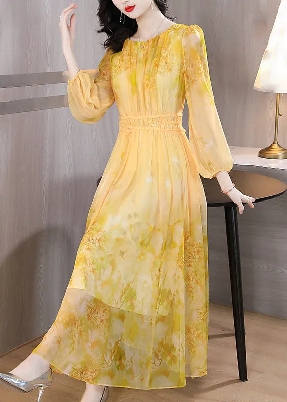 Art Yellow O Neck Print Lace Up Silk Long Dress Summer BB019