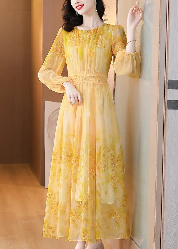 Art Yellow O Neck Print Lace Up Silk Long Dress Summer BB019