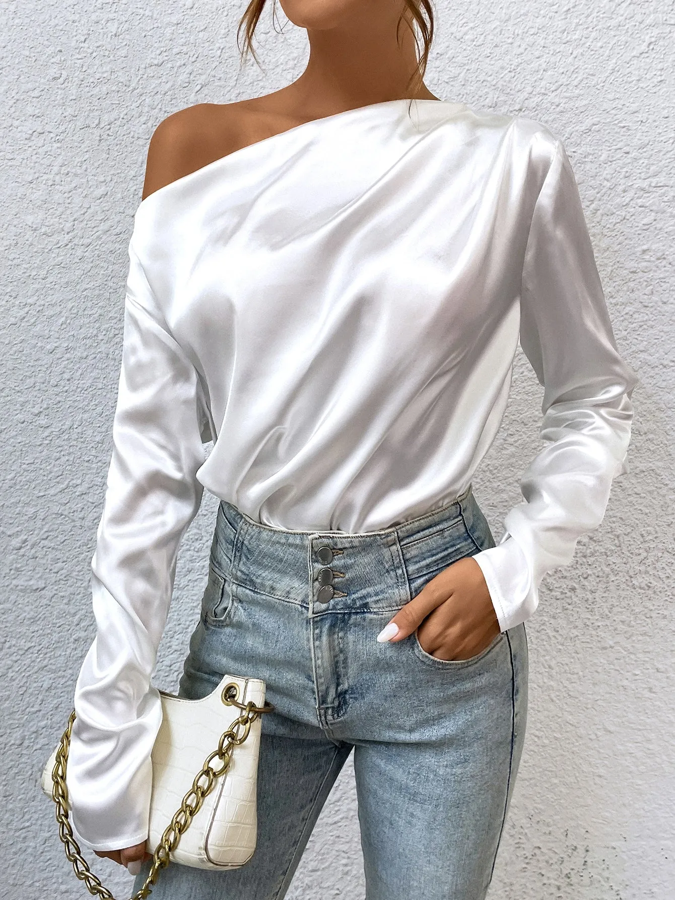 Asymmetrical Neck Satin Blouse