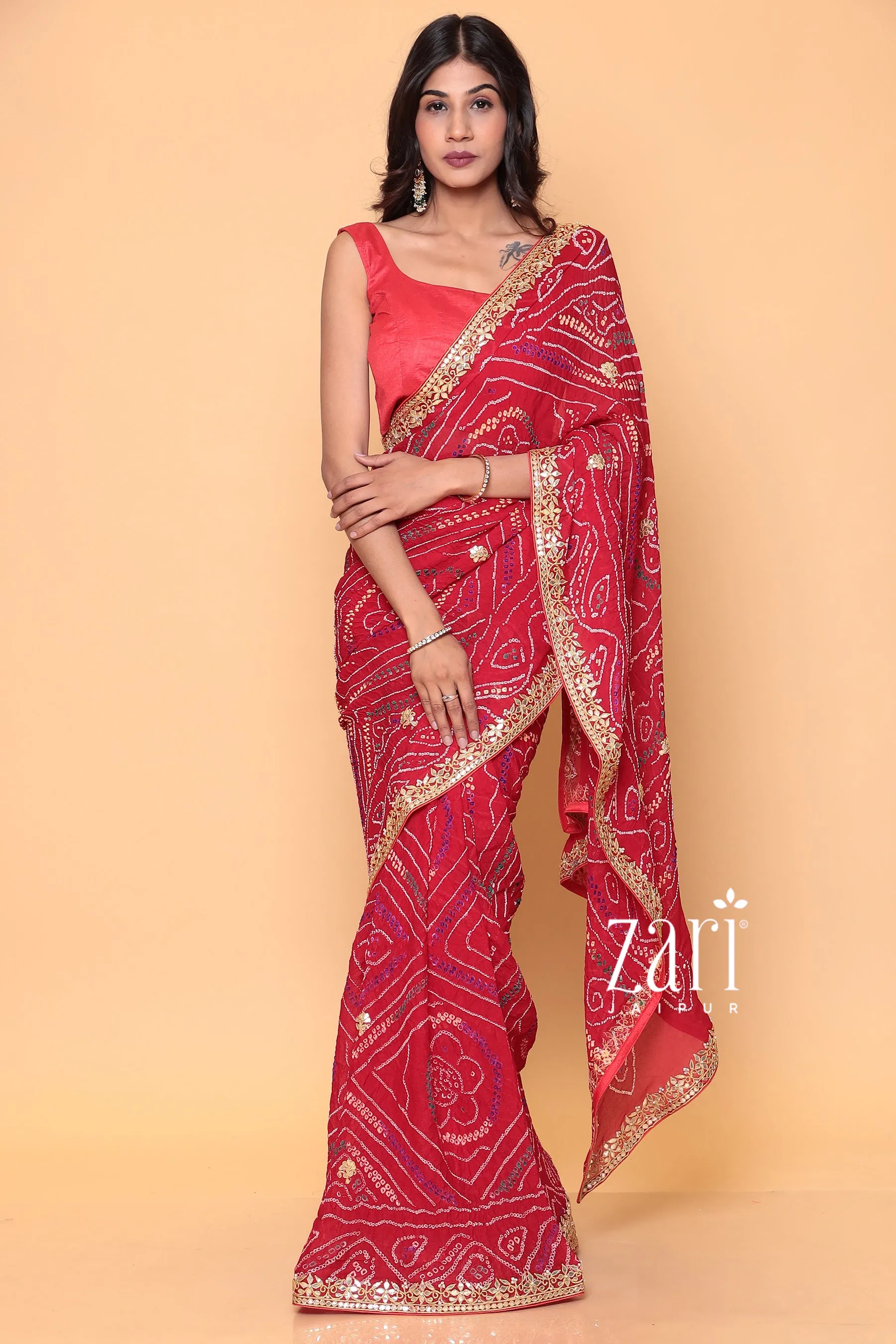 Bandhej Georgette Saree with Dori, Gota Patti work.