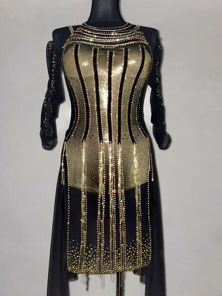 Beaded Elegance Black & Gold Latin Dress