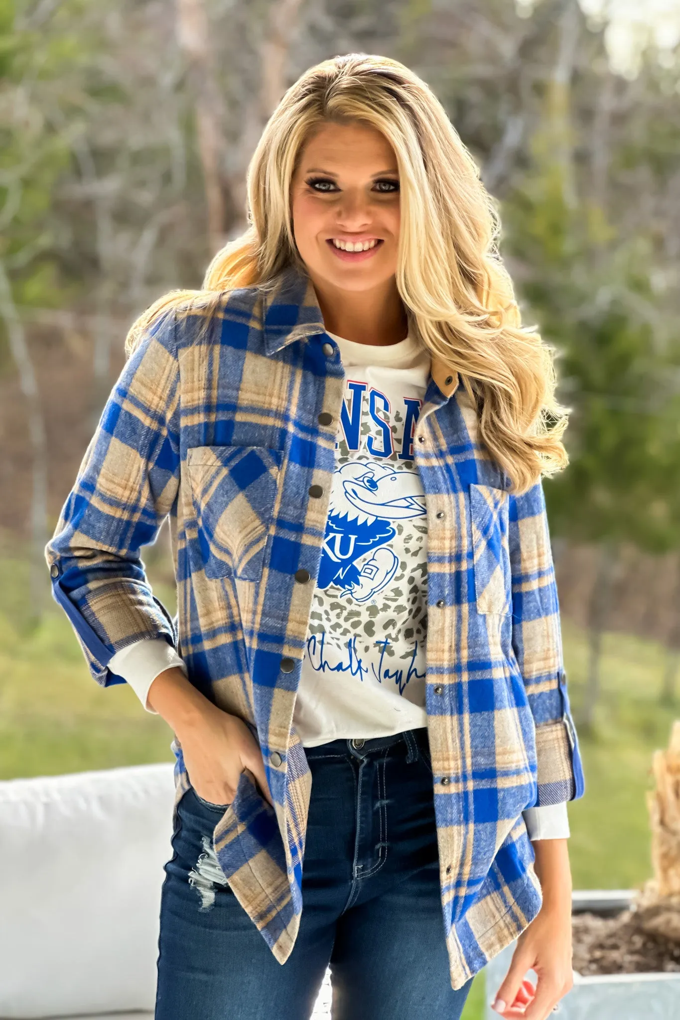 Better Than Basic Roll Tab Sleeve Plaid Shacket : Blue/Tan