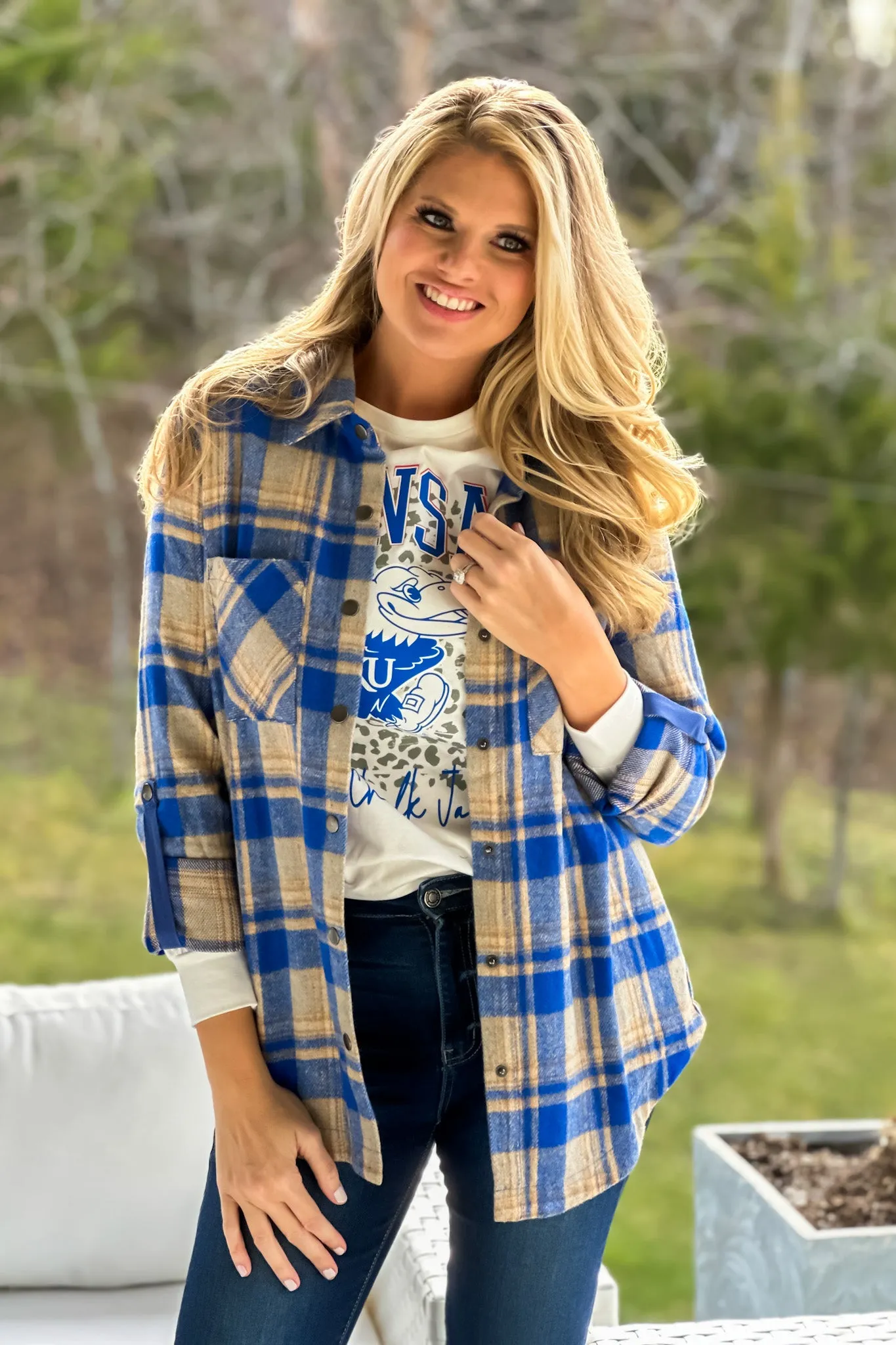 Better Than Basic Roll Tab Sleeve Plaid Shacket : Blue/Tan