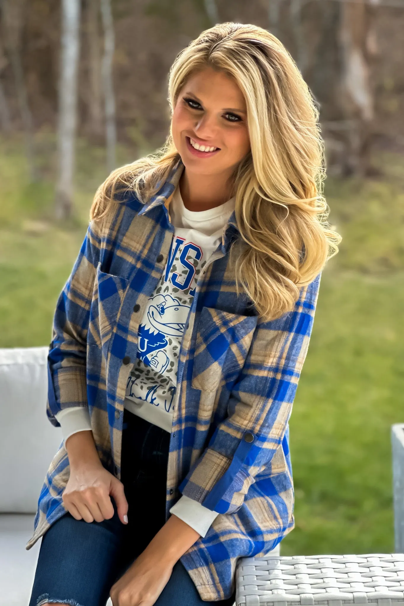 Better Than Basic Roll Tab Sleeve Plaid Shacket : Blue/Tan