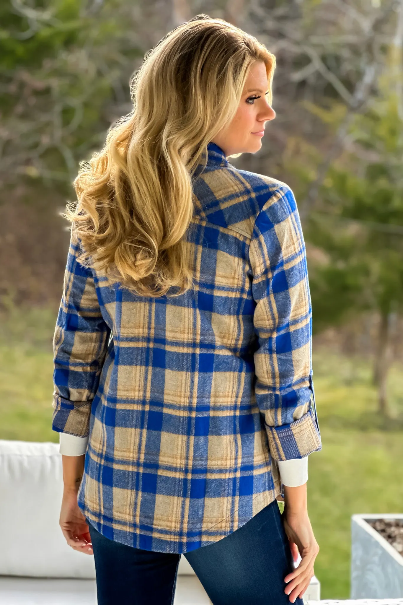 Better Than Basic Roll Tab Sleeve Plaid Shacket : Blue/Tan