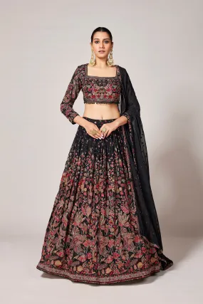 Black Floral Embroidered Crystal Georgette Silk Lehenga Set