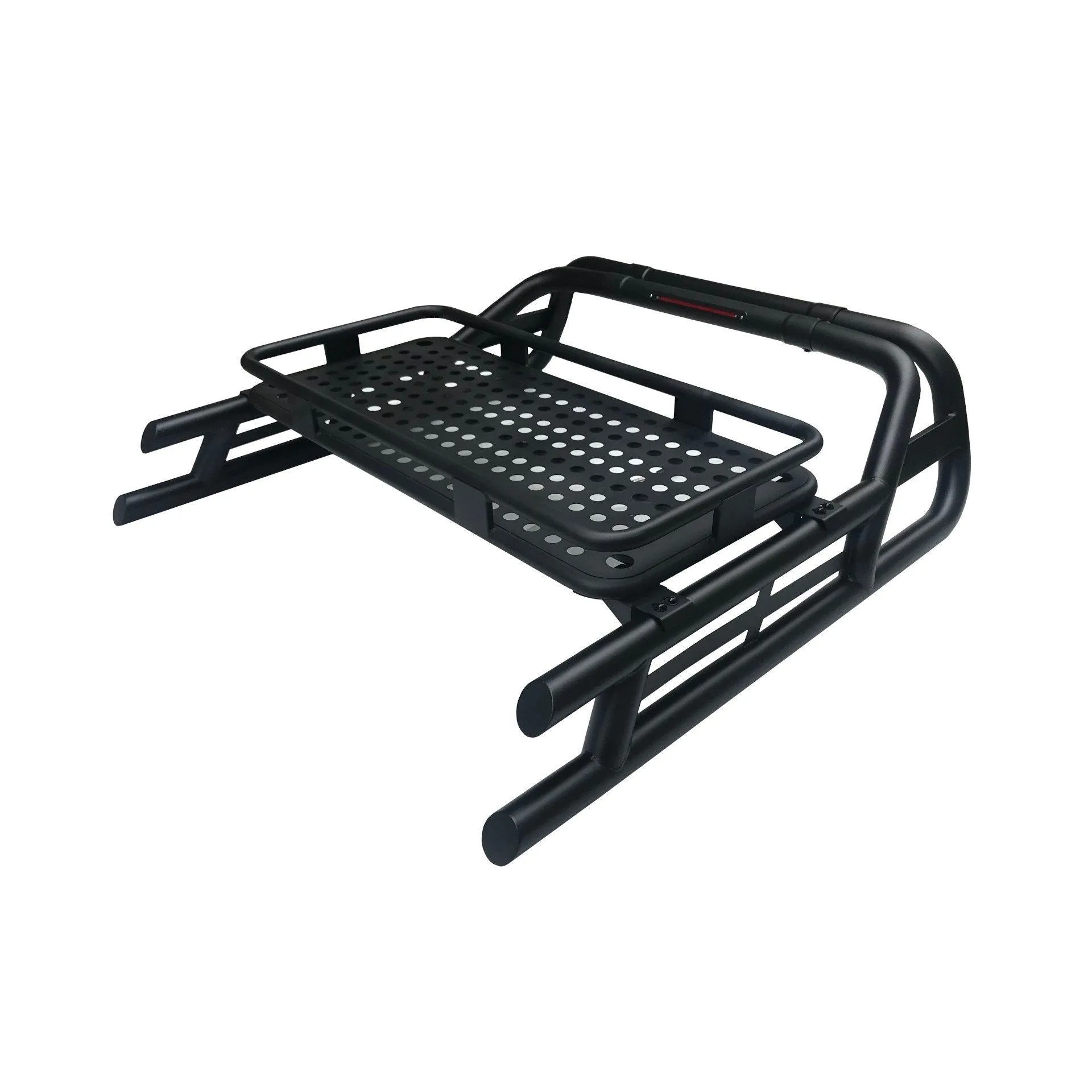 Black Long Arm Roll Sports Bar with Cargo Basket Rack for the Toyota Hilux 97-05