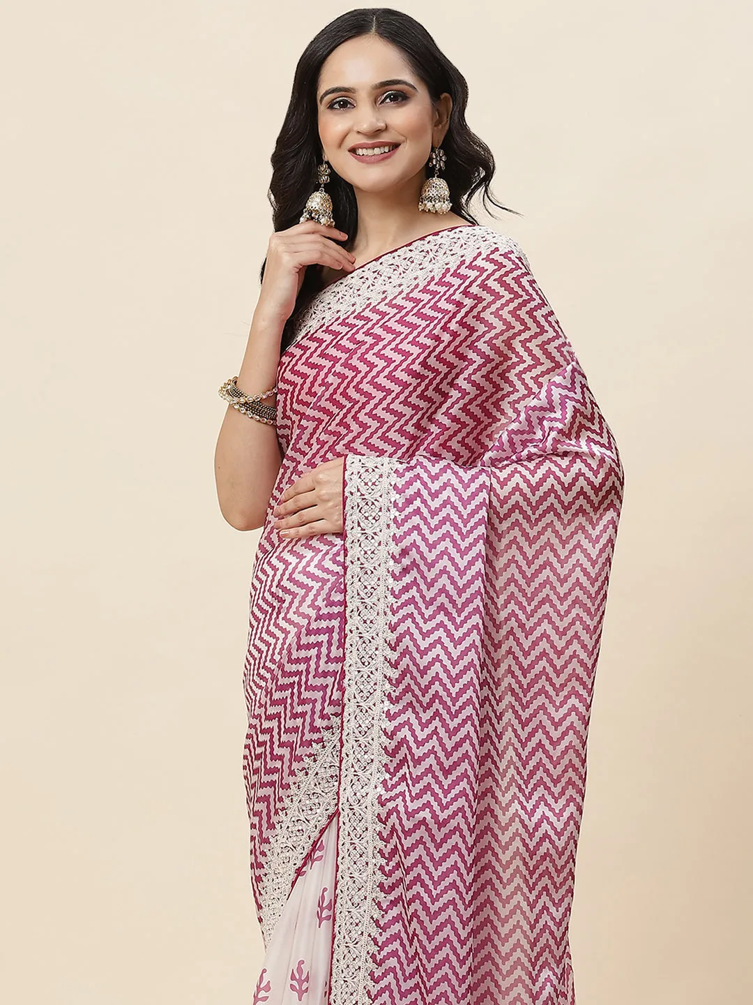 Block Printed Satin Saree