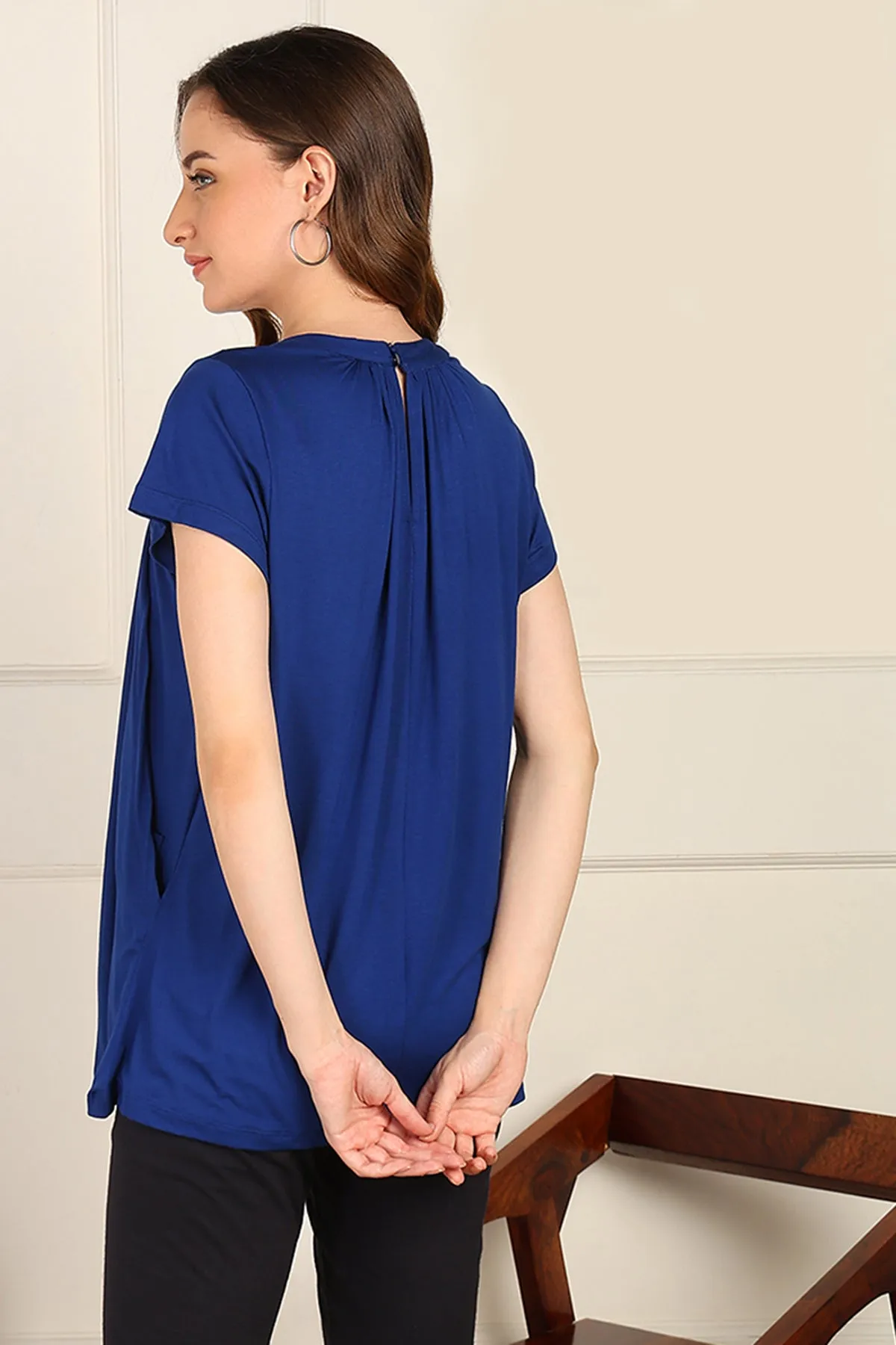 Blue Pleated Zipless Nursing Top