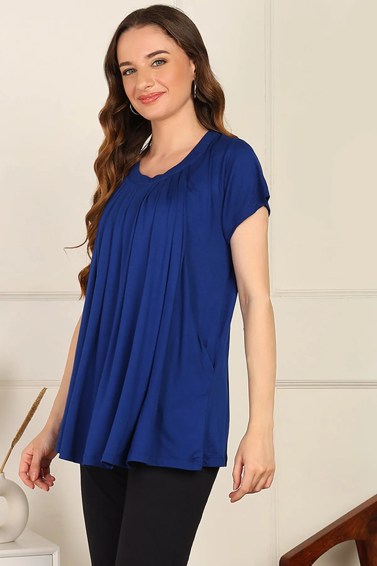 Blue Pleated Zipless Nursing Top