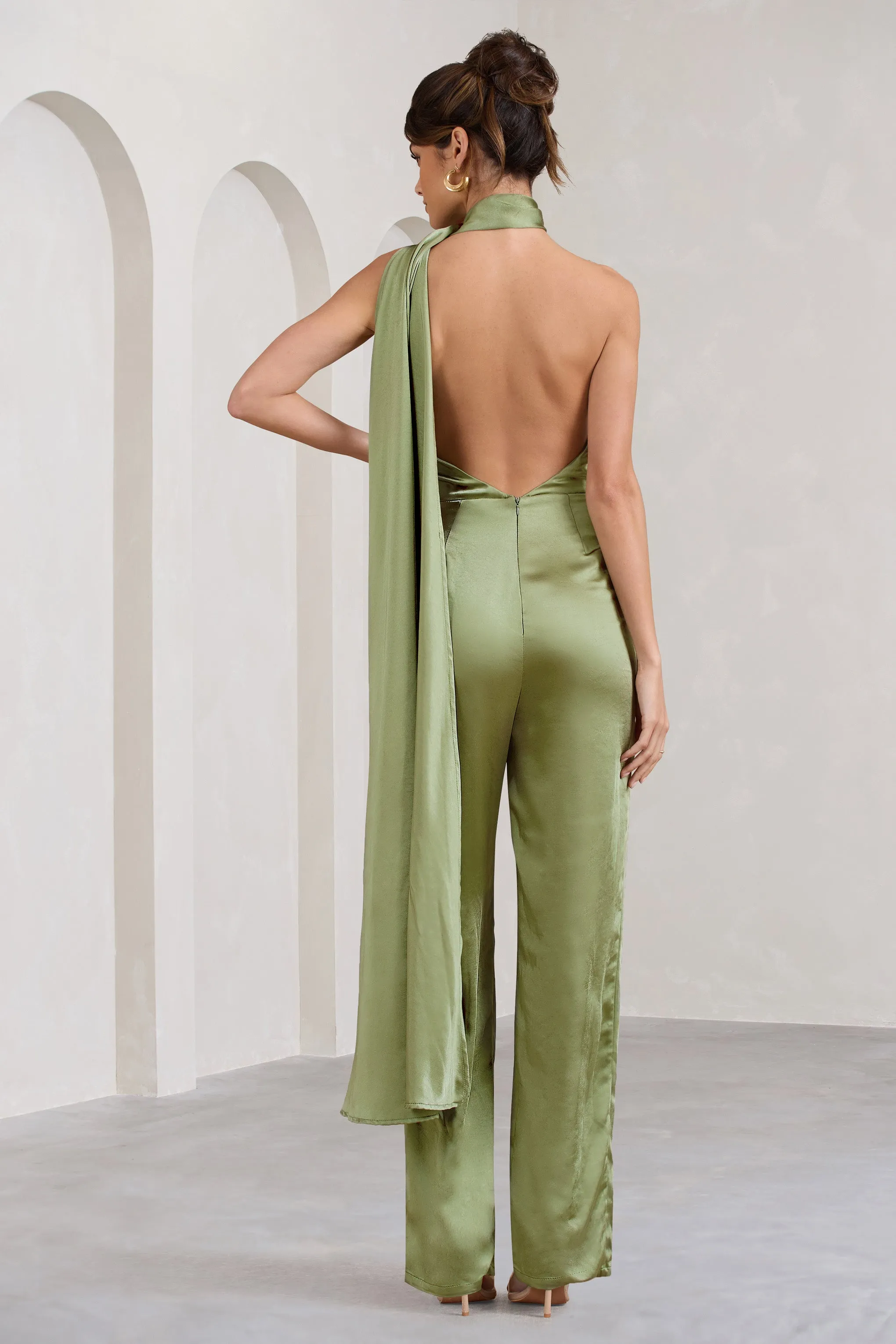 Cascada | Olive Green Satin Wide Leg Jumpsuit With Statement Scarf Neck