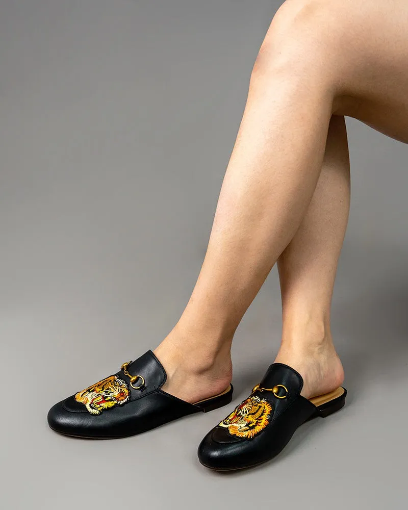 Casual Fashion Leather Tiger Pattern Slippers Mules