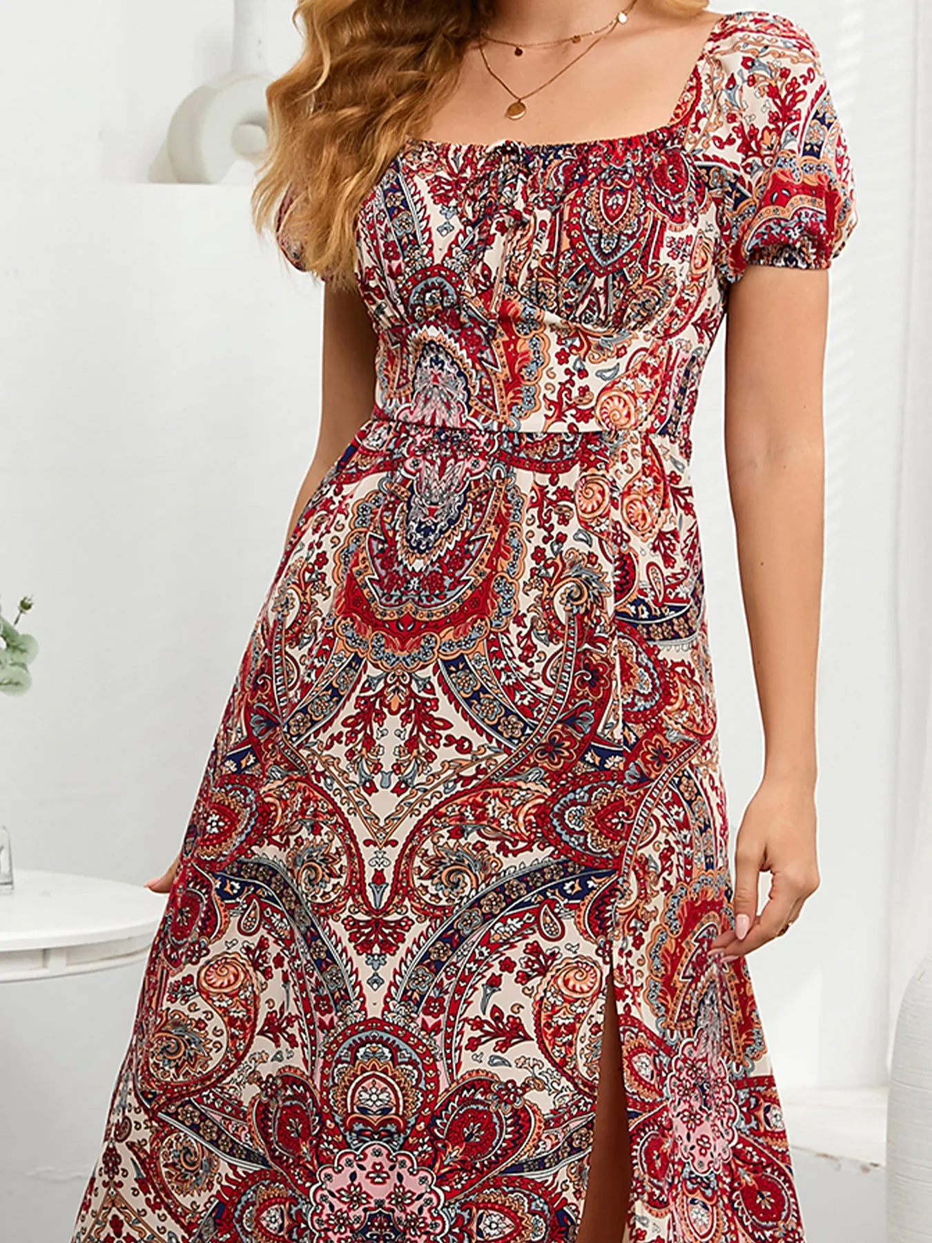 Charming Milkmaid Dress Outfit for Women - Printed Square Neck Short Sleeve Slit Dress Perfect for Casual and Summer Styles