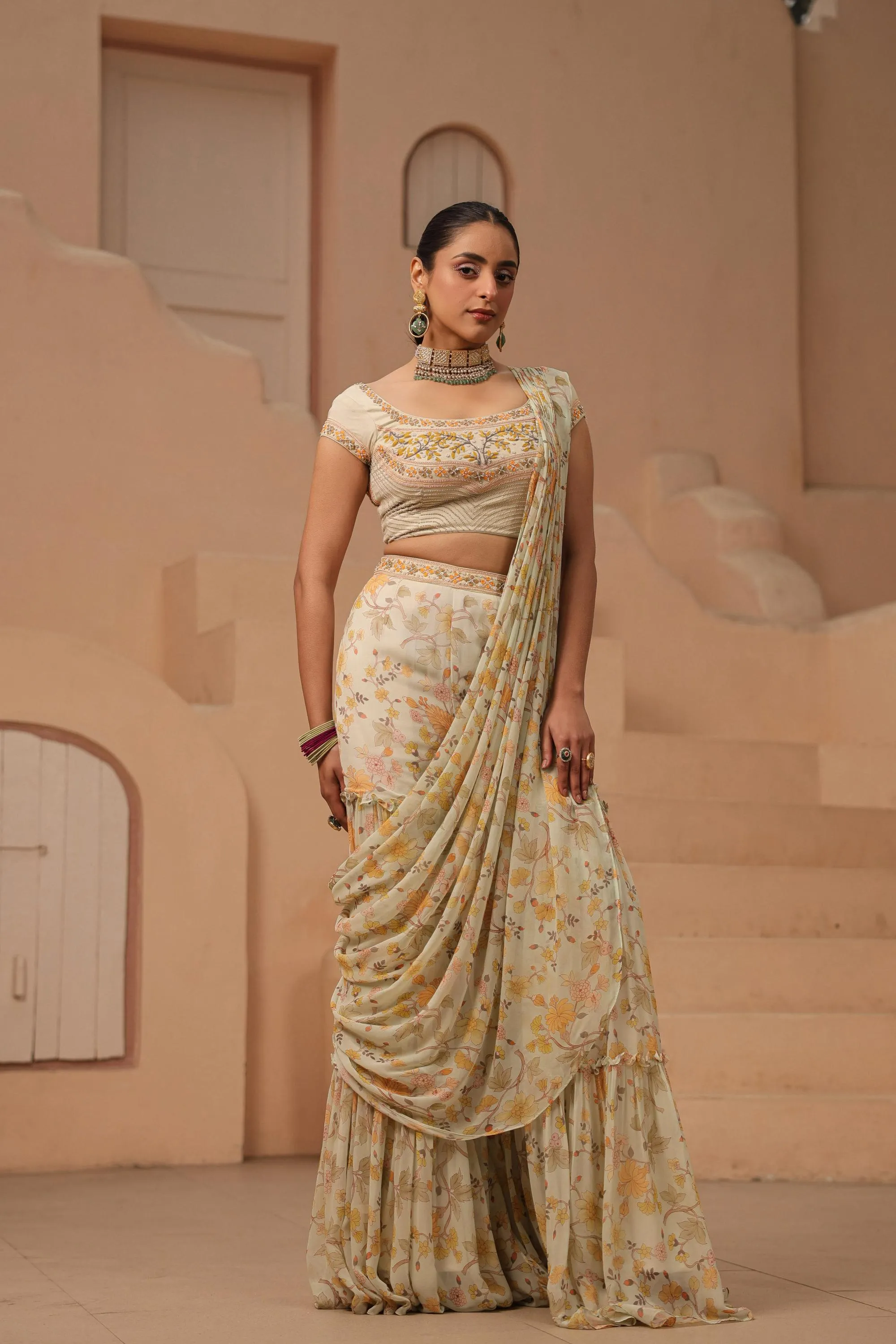 Classic Ivory Floral Printed Premium Georgette Silk Drape Saree