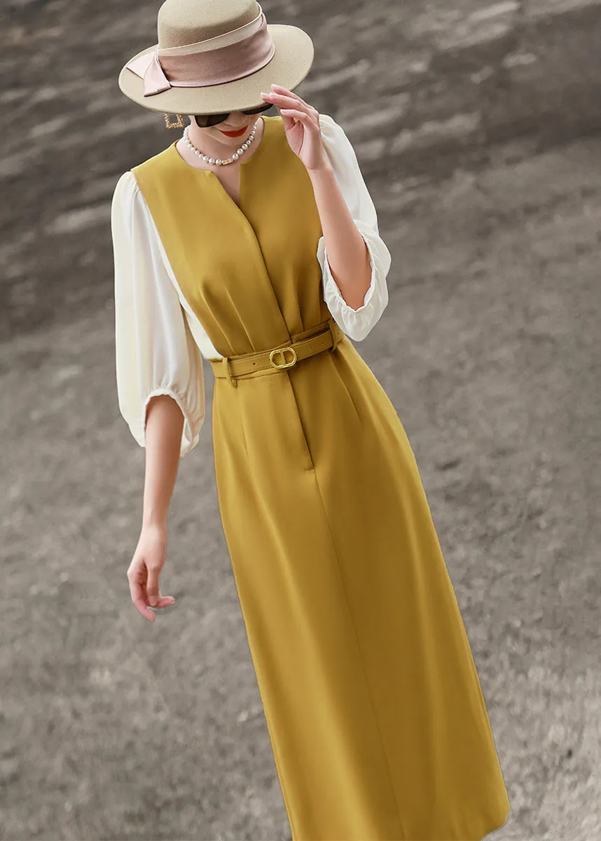 Classy Yellow O Neck Tie Waist Cotton Dress Bracelet Sleeve EE1020