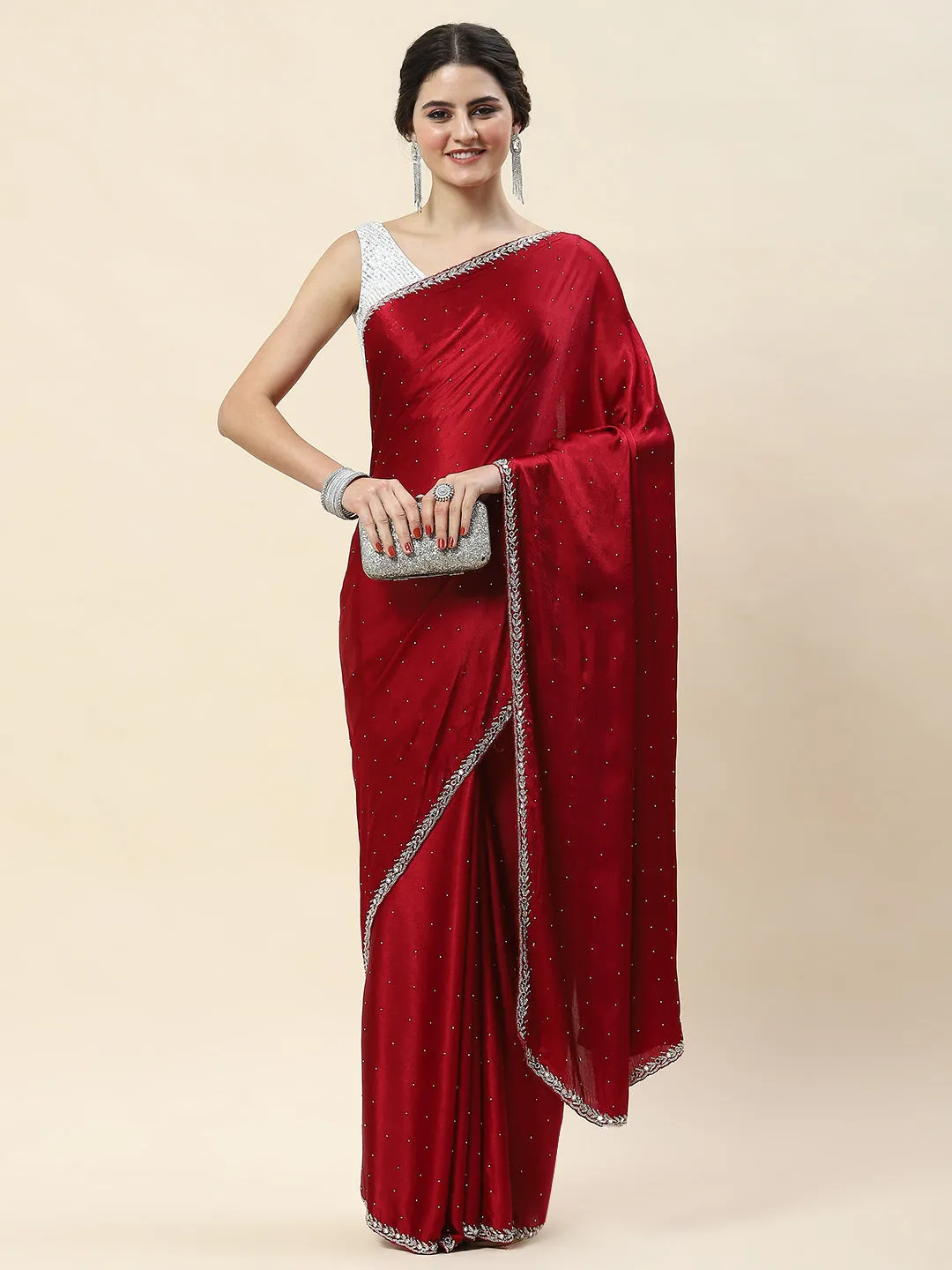 Cutdana Embroidery Chinon Saree