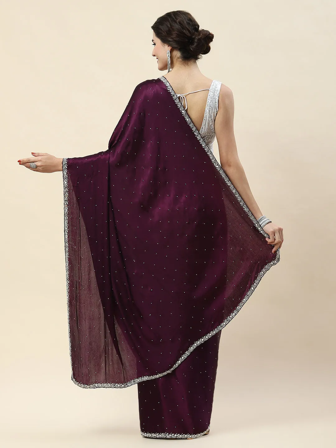 Cutdana Embroidery Chinon Saree