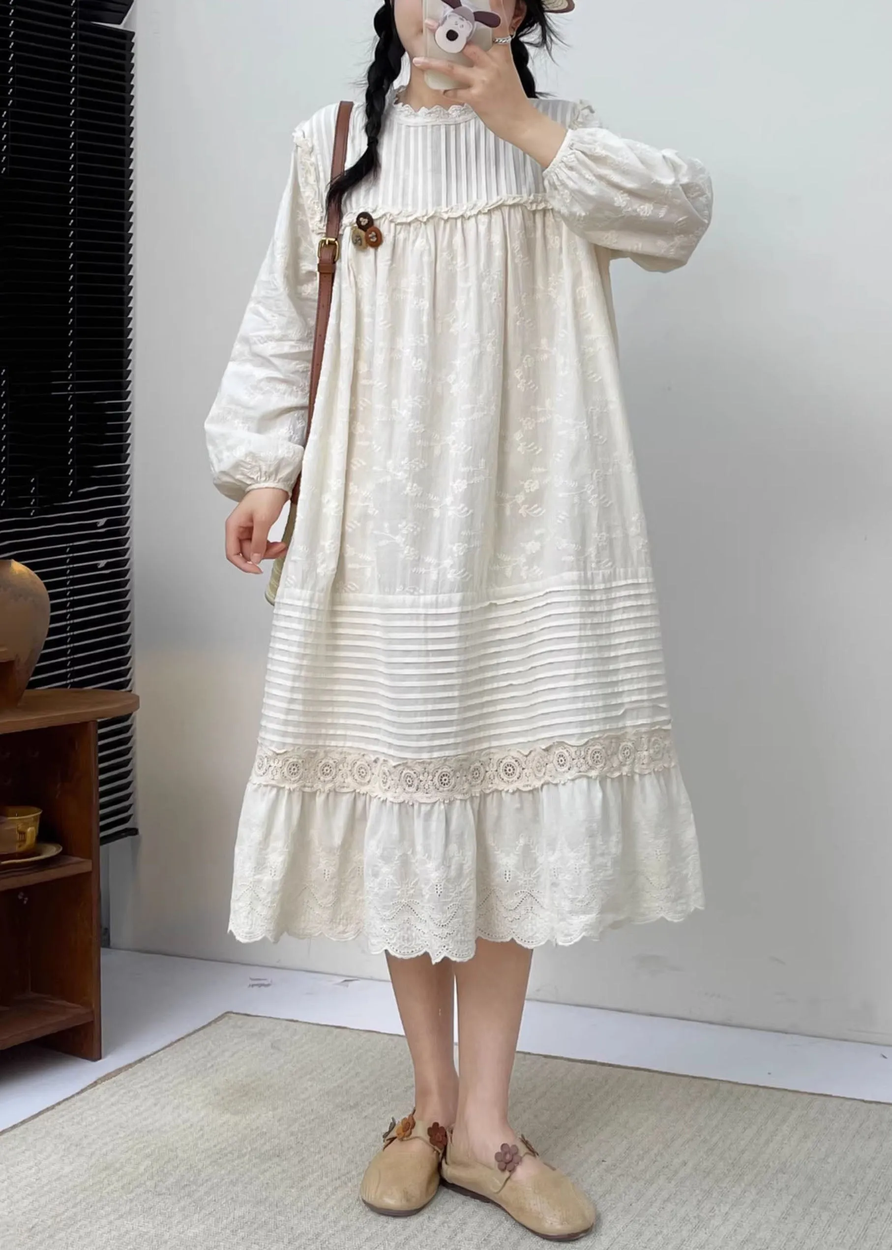 Cute White Embroidered Ruffled Patchwork Wrinkled Cotton Maxi Dress Long Slee BV030