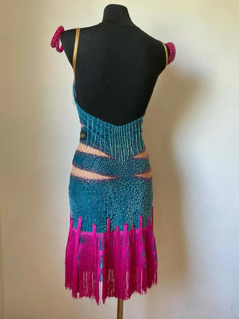 Dazzling Pink & Blue Fringed Latin Dress