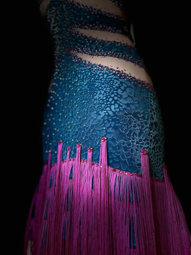 Dazzling Pink & Blue Fringed Latin Dress