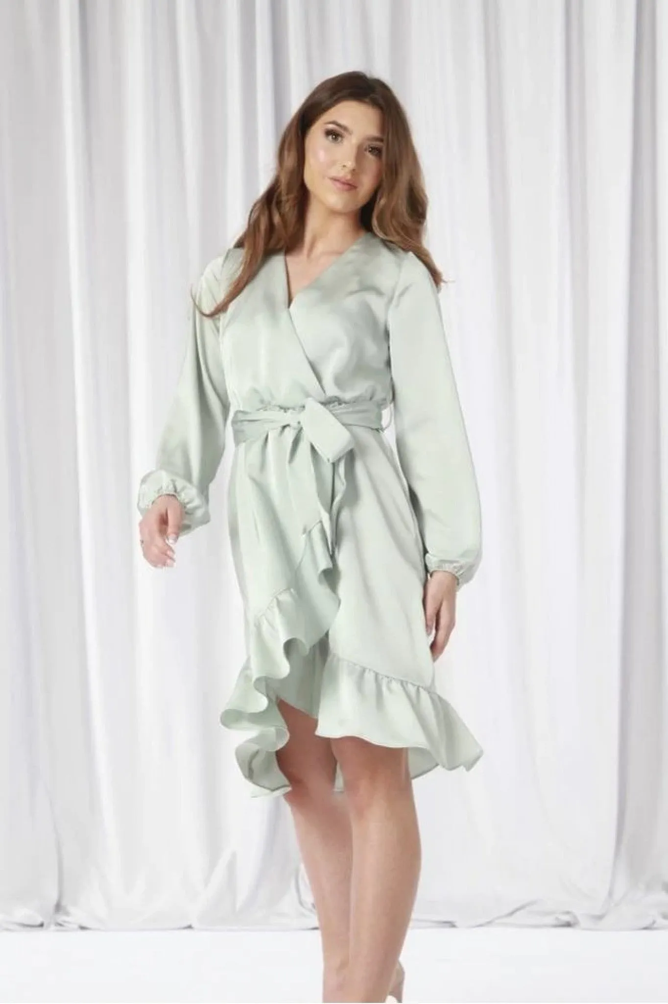 Double Second Frill Satin Wrap Dress