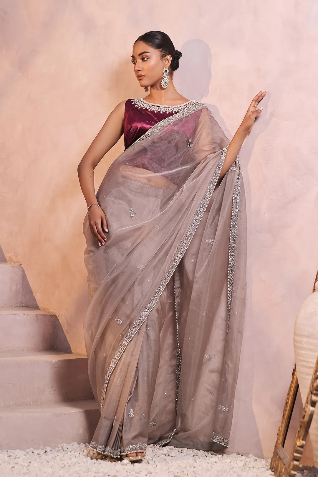 Embroidered Velvet & Organza Luxury Saree | New Arrivals | SR202322