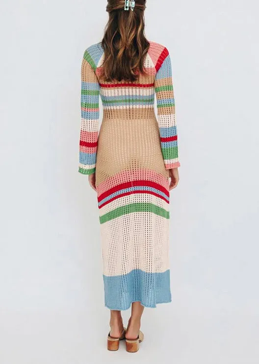 European And American Contrasting Color U-Neck Hollow Out Knit Cover Up VC002