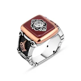 Eye Figure with White Zircon on Red Square Agate Stone Silver Men's Ring Siding Ottoman Tughra