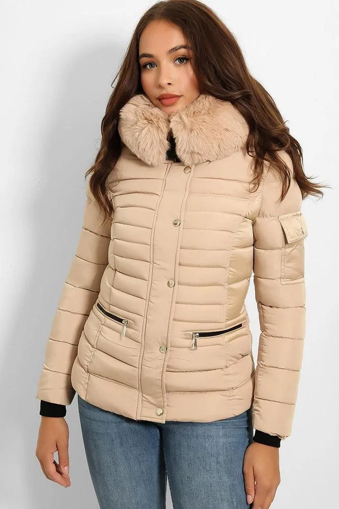 Faux Fur Trim Hood Zip Pockets Parka Jacket