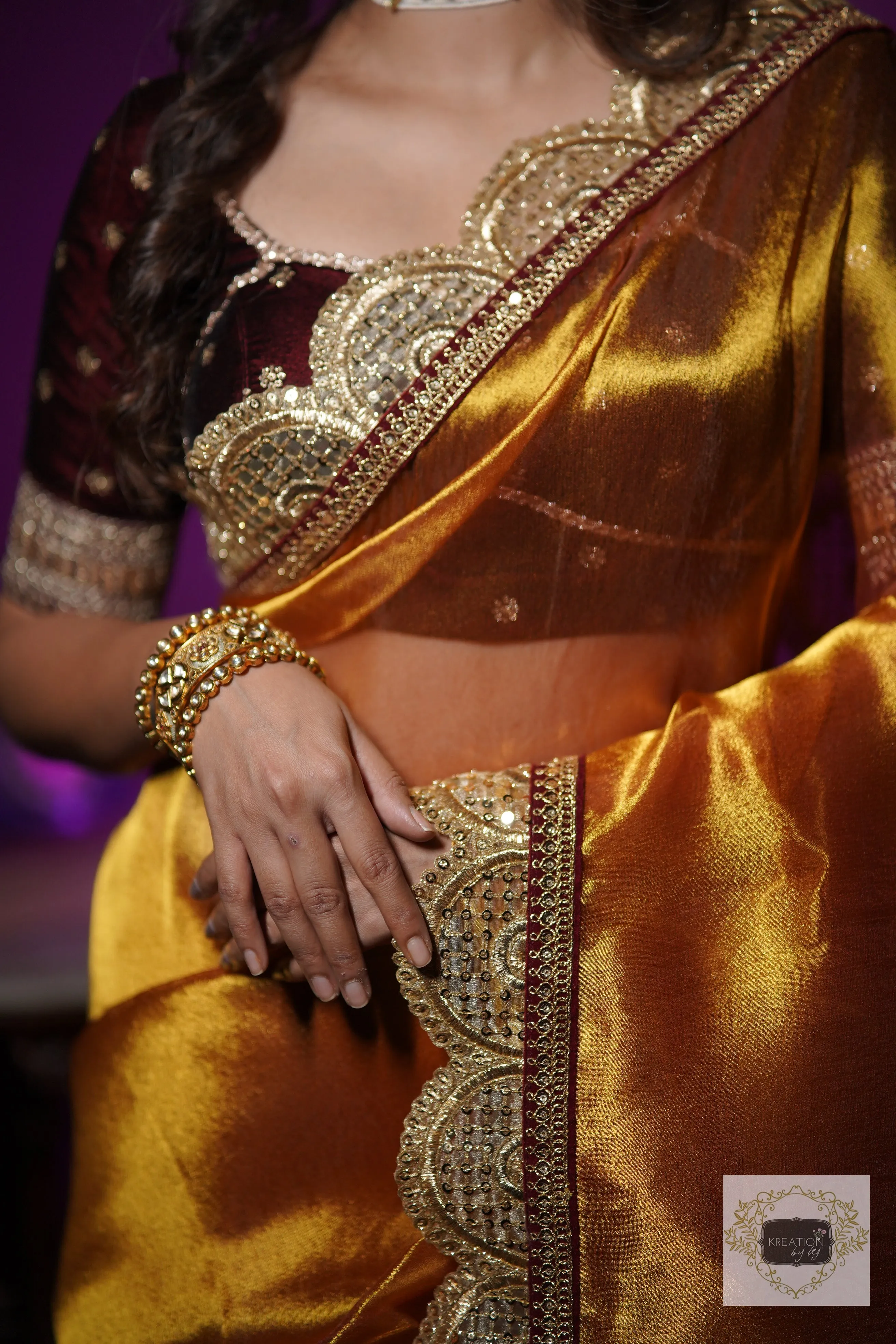 Fiery Gold Zari Tissue Mehraab Border Saree