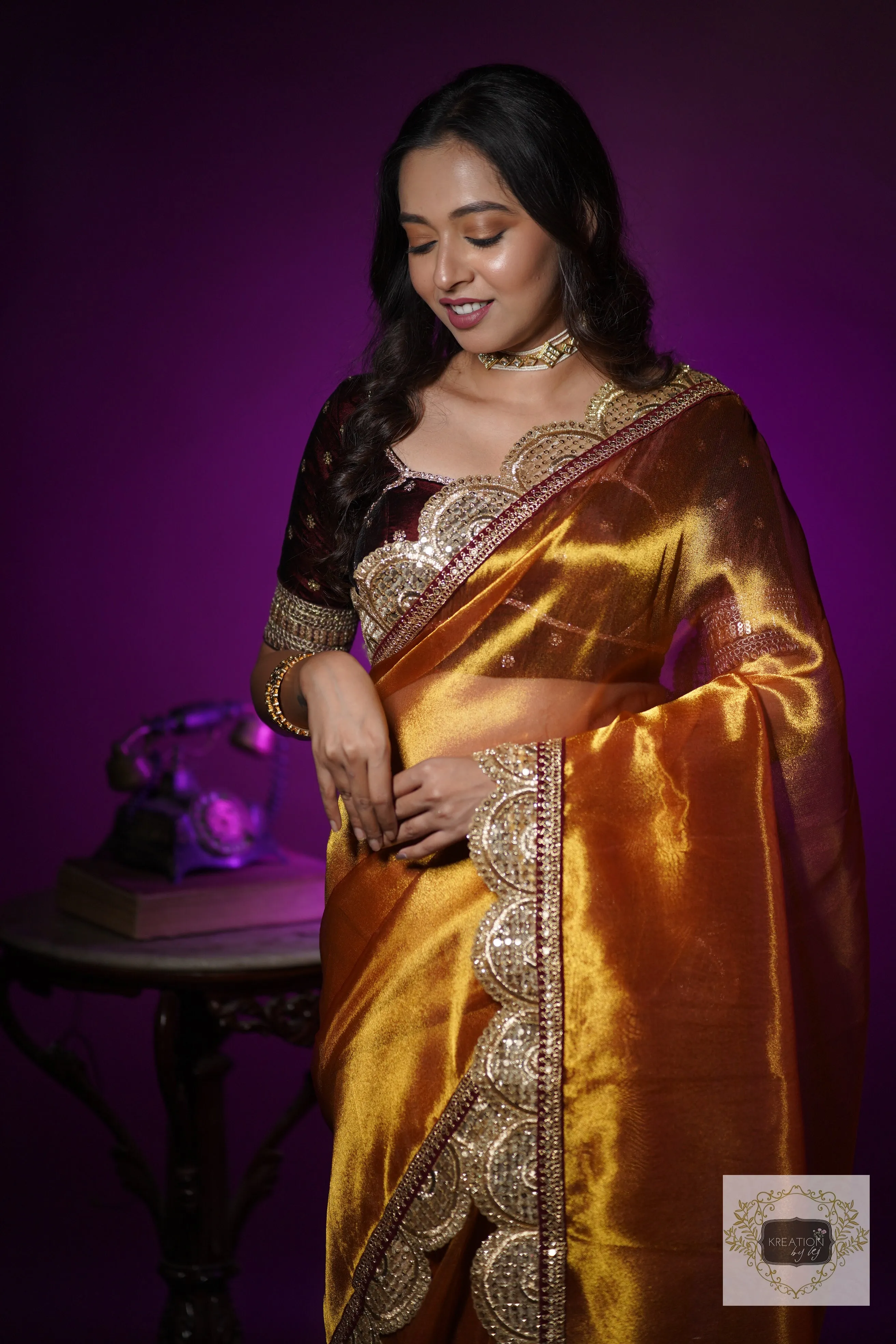 Fiery Gold Zari Tissue Mehraab Border Saree