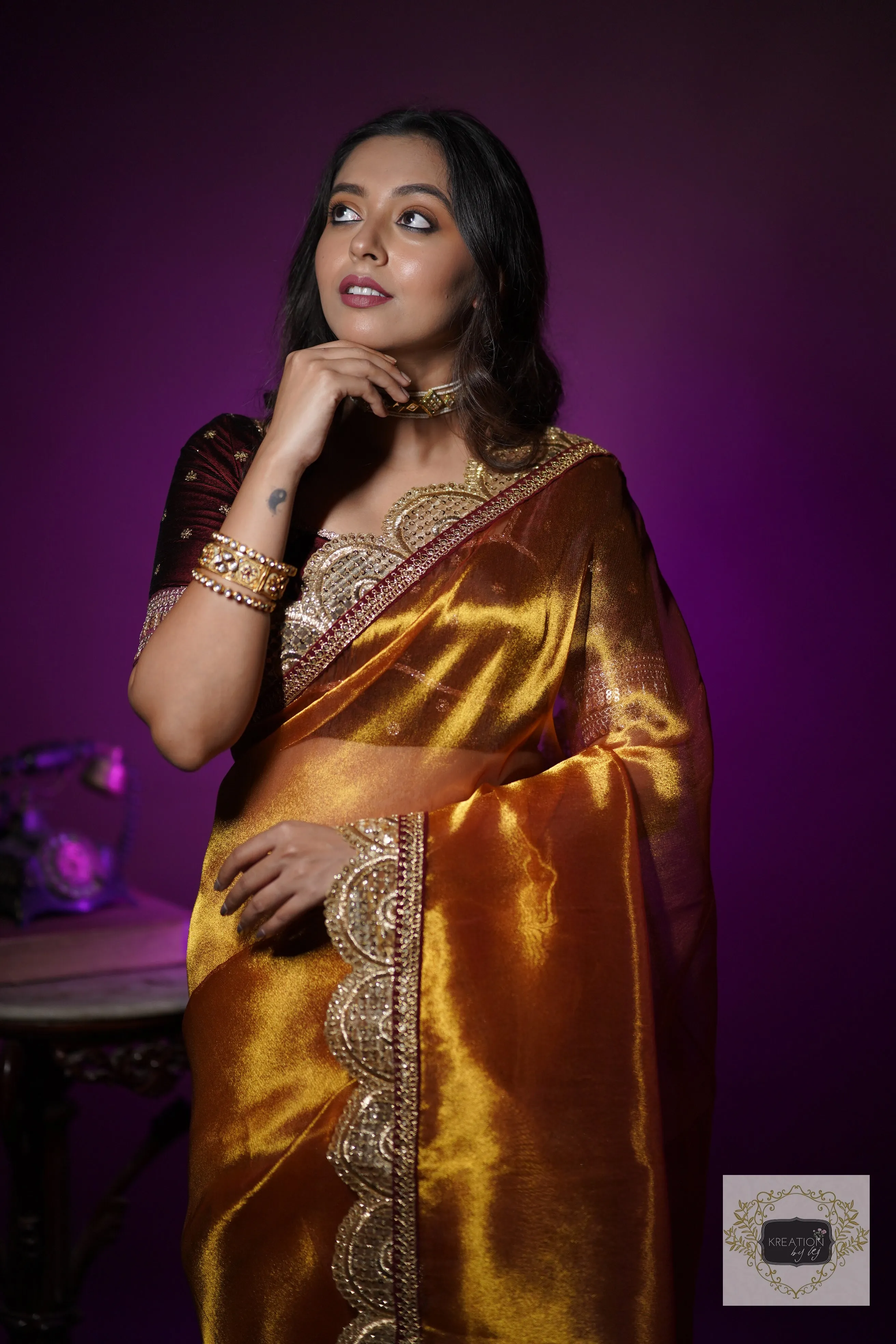 Fiery Gold Zari Tissue Mehraab Border Saree