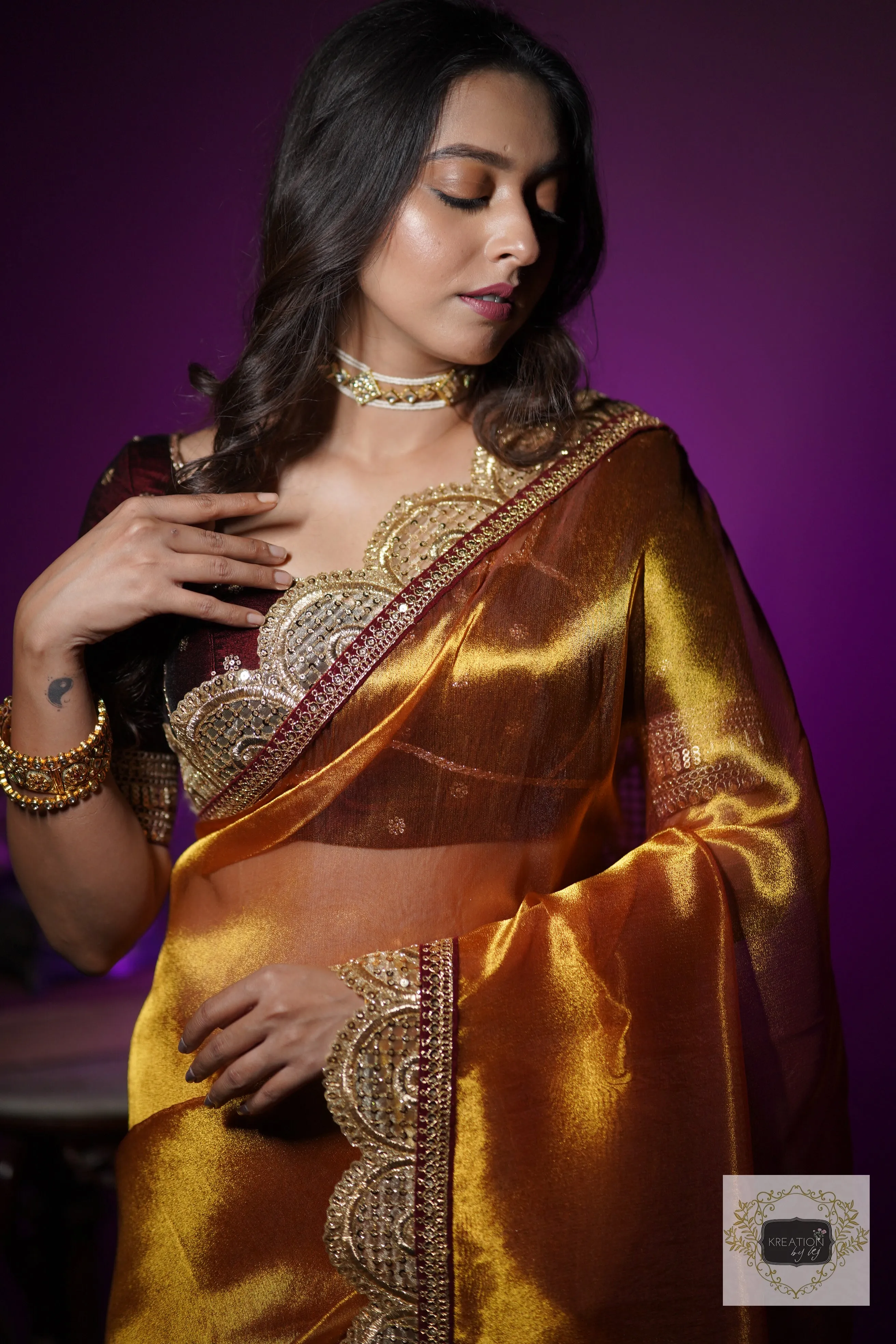 Fiery Gold Zari Tissue Mehraab Border Saree