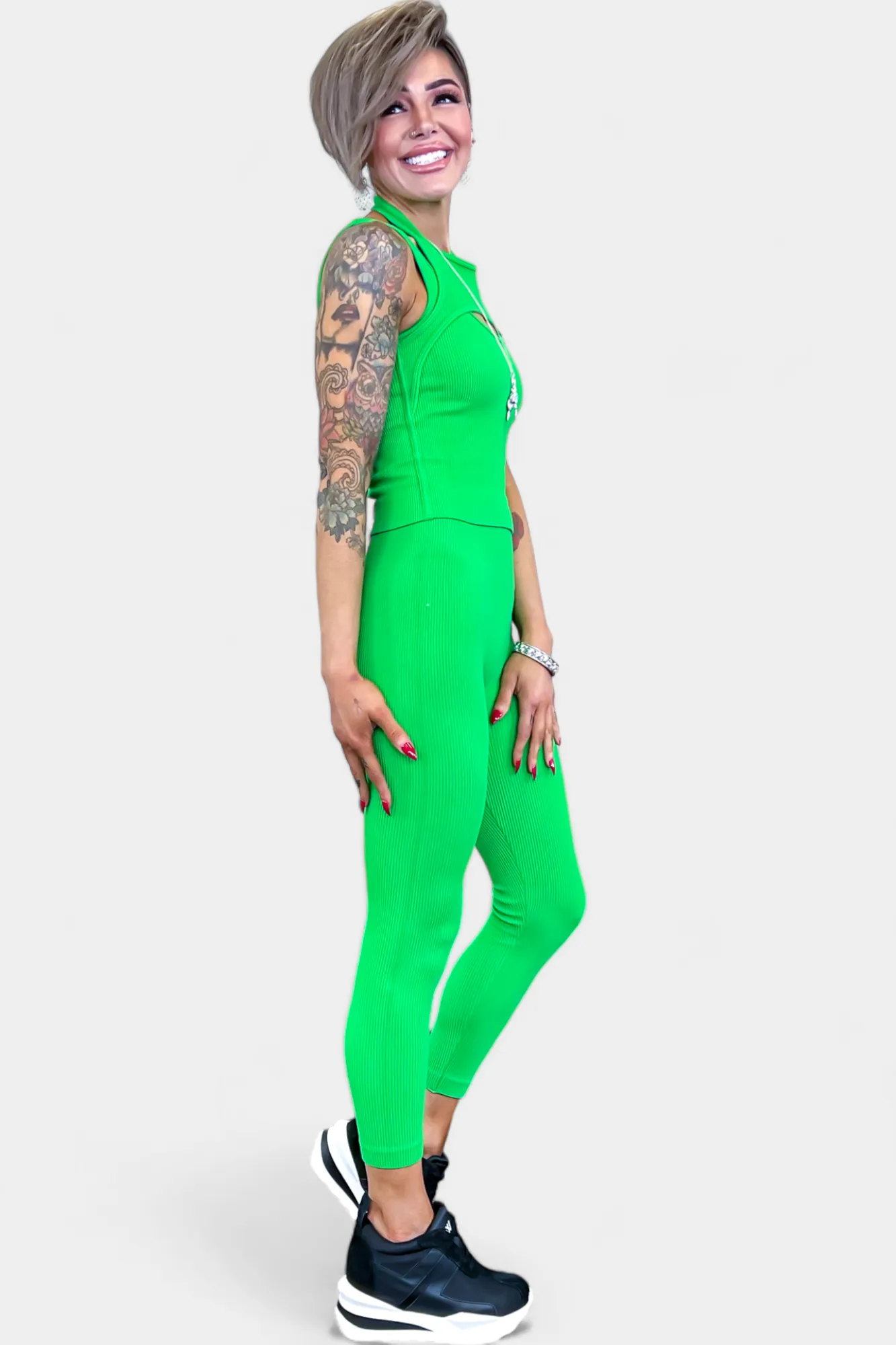 Green Ribbed Seamless Tank & Leggings Set [NO RETURNS]