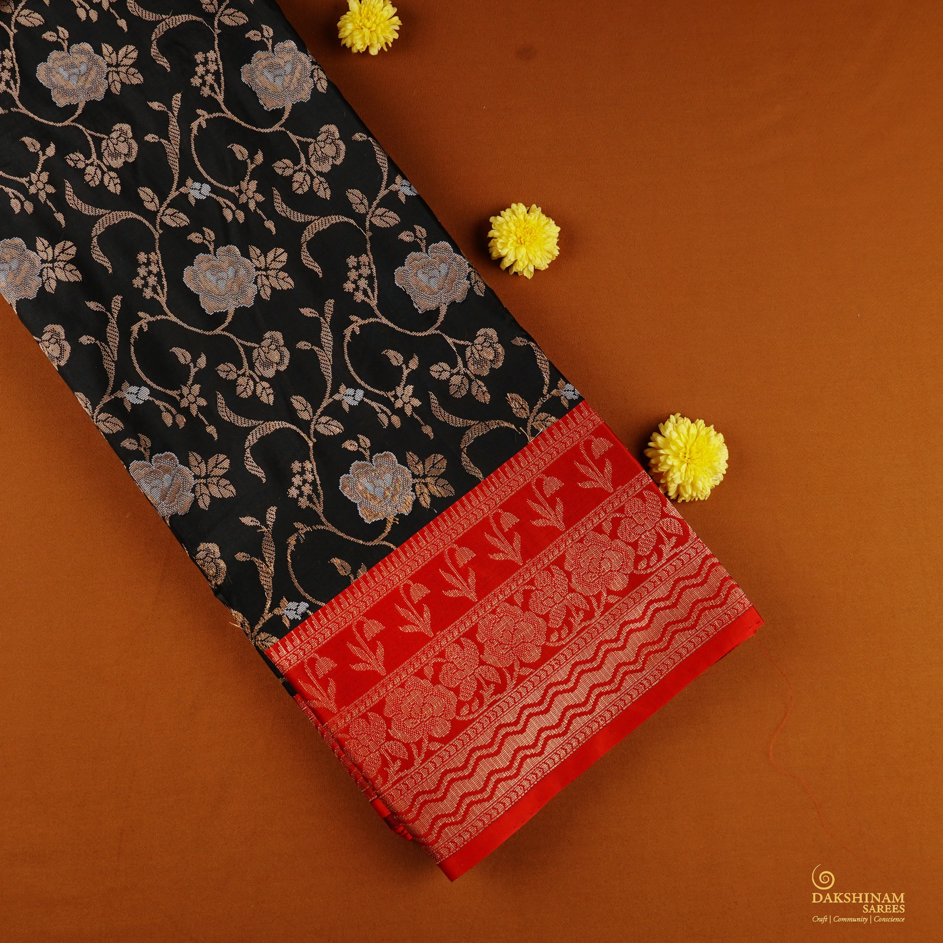 Handwoven Black with Red Banarasi Silk Saree - 1952T009368DSC