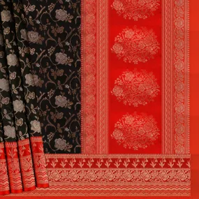 Handwoven Black with Red Banarasi Silk Saree - 1952T009368DSC