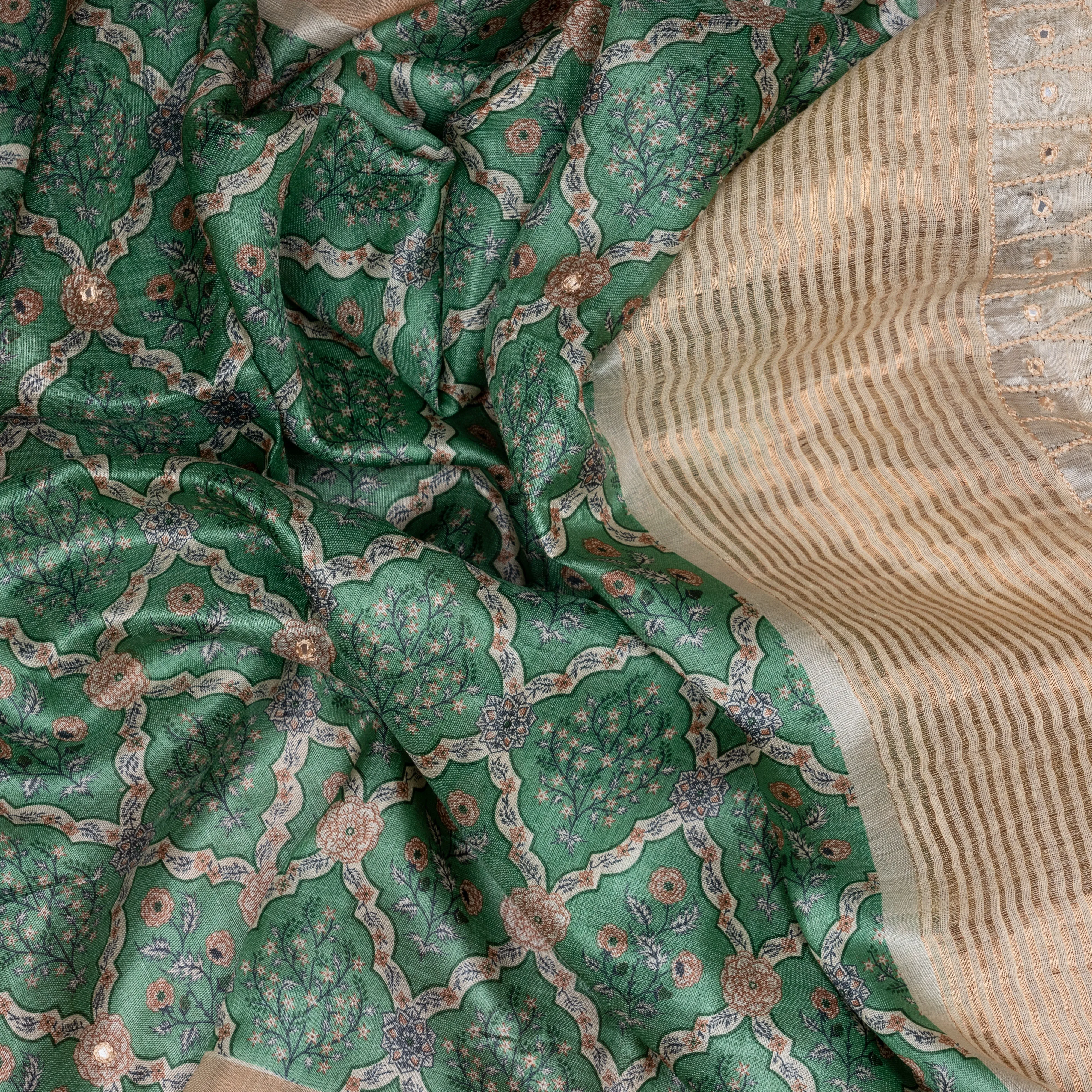 Handwoven Green with Off-white Tussar Silk Saree - 2099T010282DSC