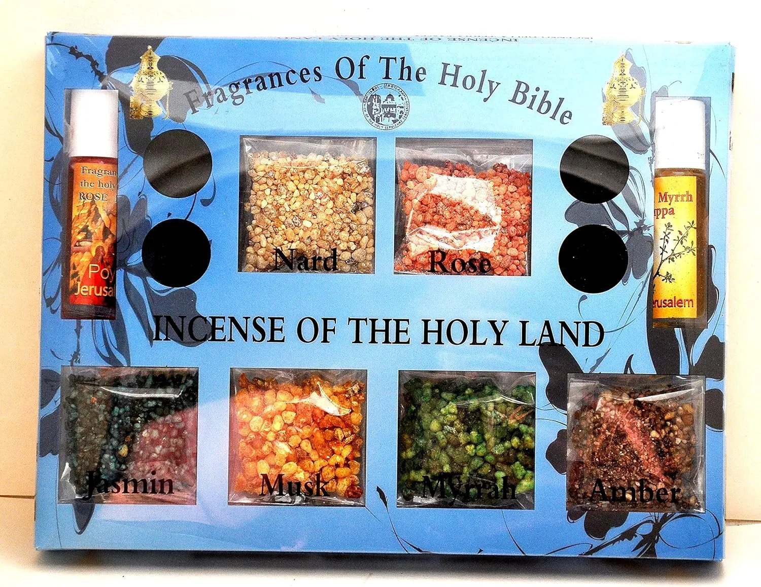 Holy Land Incense kit: 7 fragrances Nard Rose, Jasmin, Musk, Myrrah, Amber, Anointing Oils and charcoal Incenses