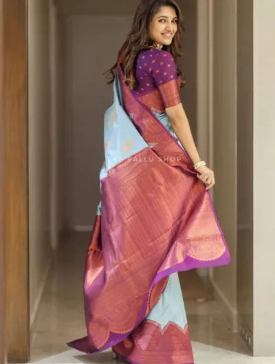 Ice Blue Pink South Silk Wedding Saree