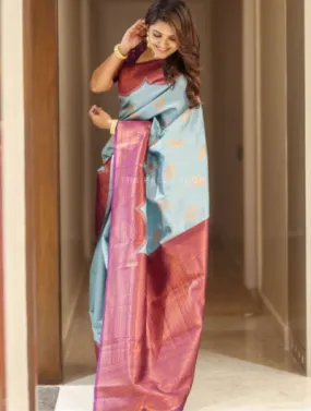 Ice Blue Pink South Silk Wedding Saree