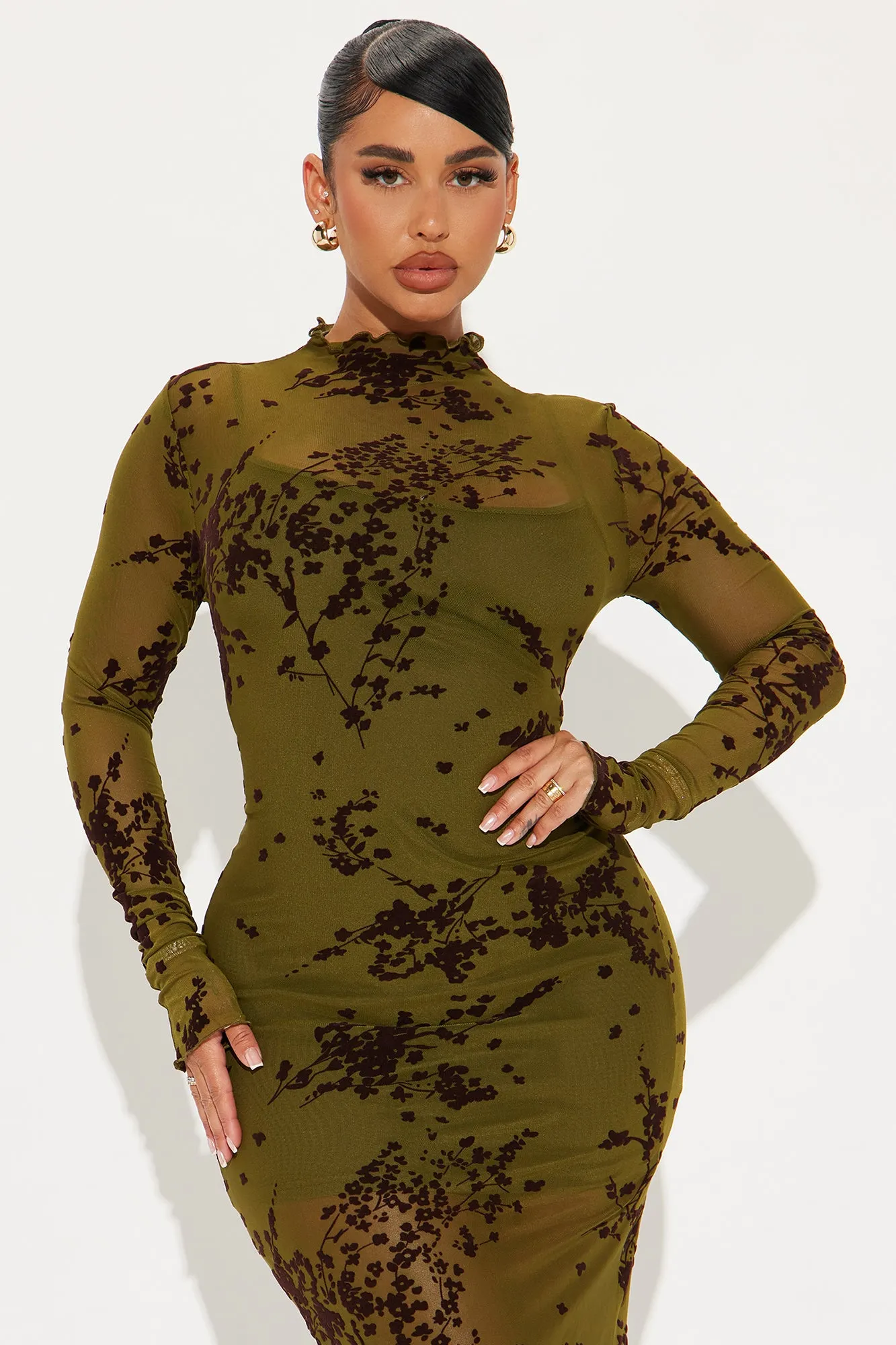 In Full Bloom Mesh Maxi Dress - Olive