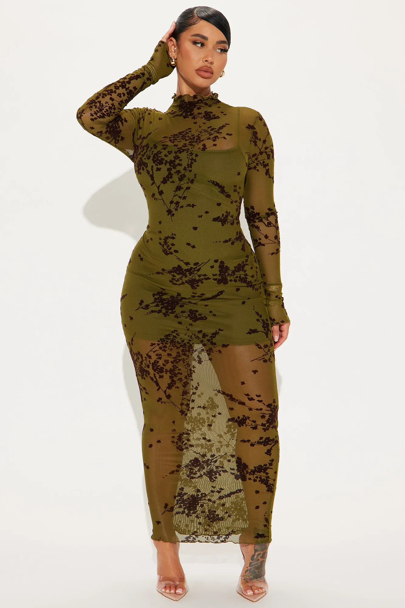 In Full Bloom Mesh Maxi Dress - Olive