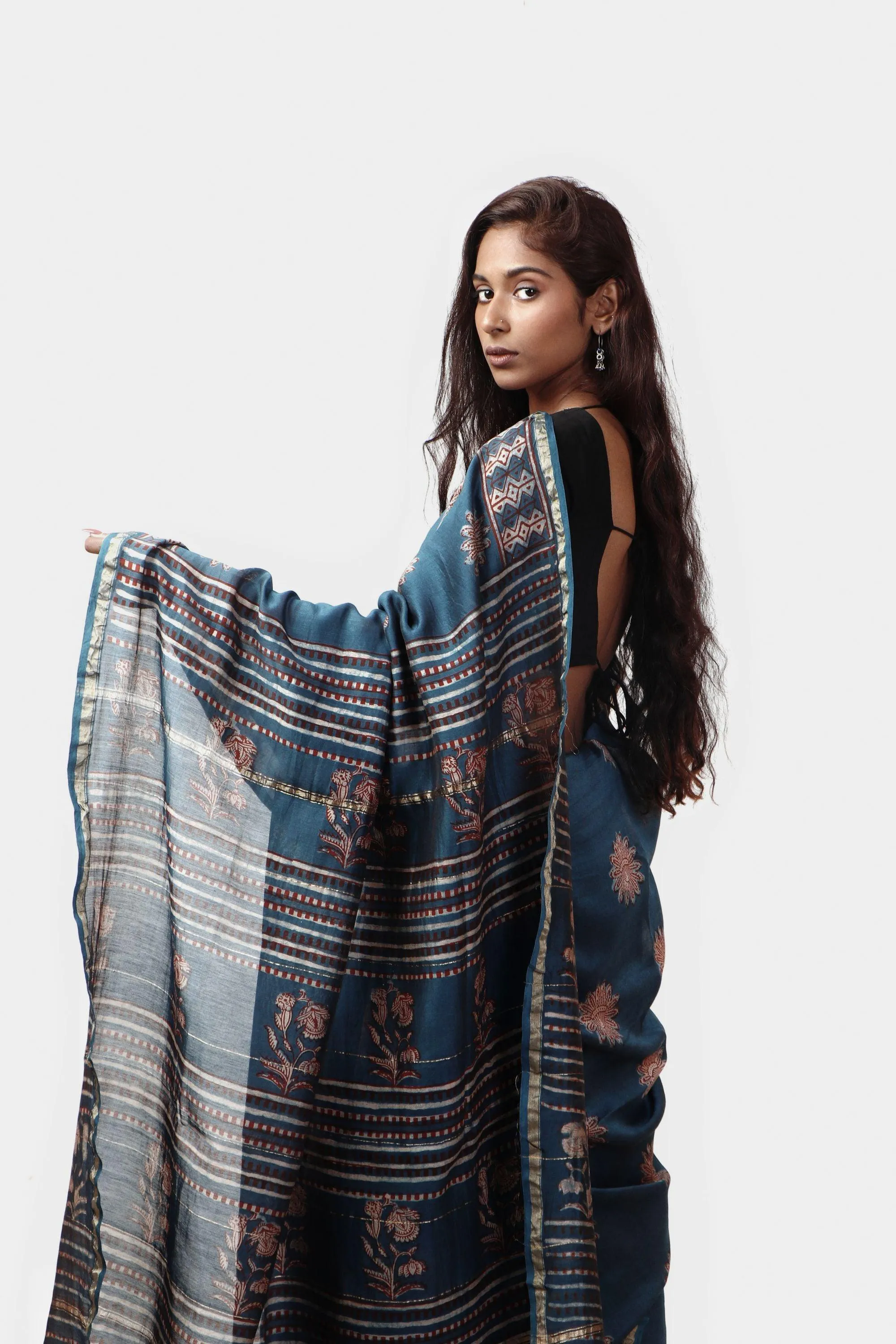 Kaisori Malhar - Dabu Pharad Light Indigo handblockprinted Silk Cotton saree