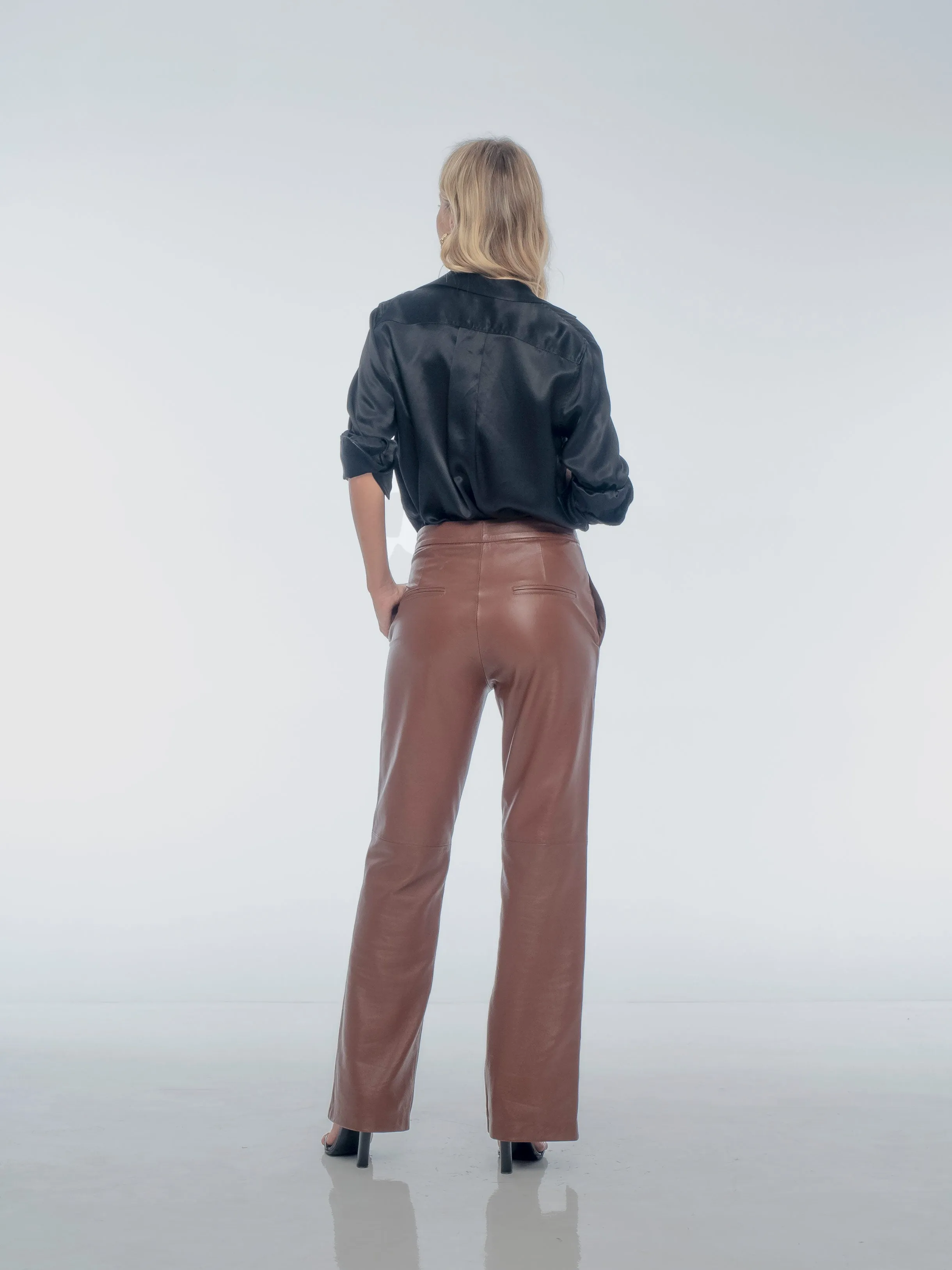 KIRA SPLIT FRONT LEATHER PANTS - WHISKEY