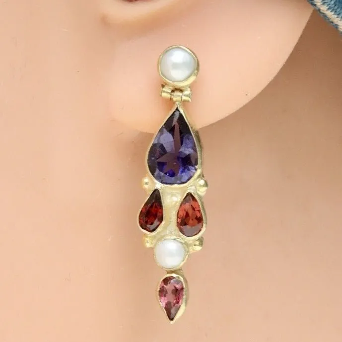 Lady Chatterley 14k Gold, Iolite, Garnet and Pearl Earrings