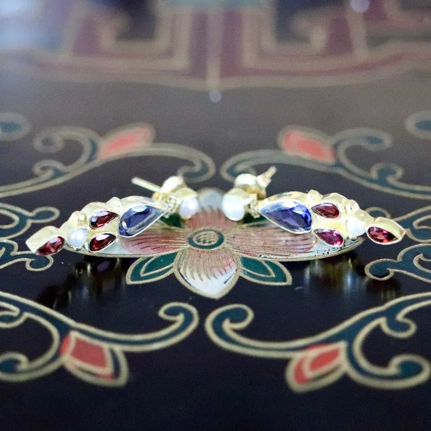 Lady Chatterley 14k Gold, Iolite, Garnet and Pearl Earrings