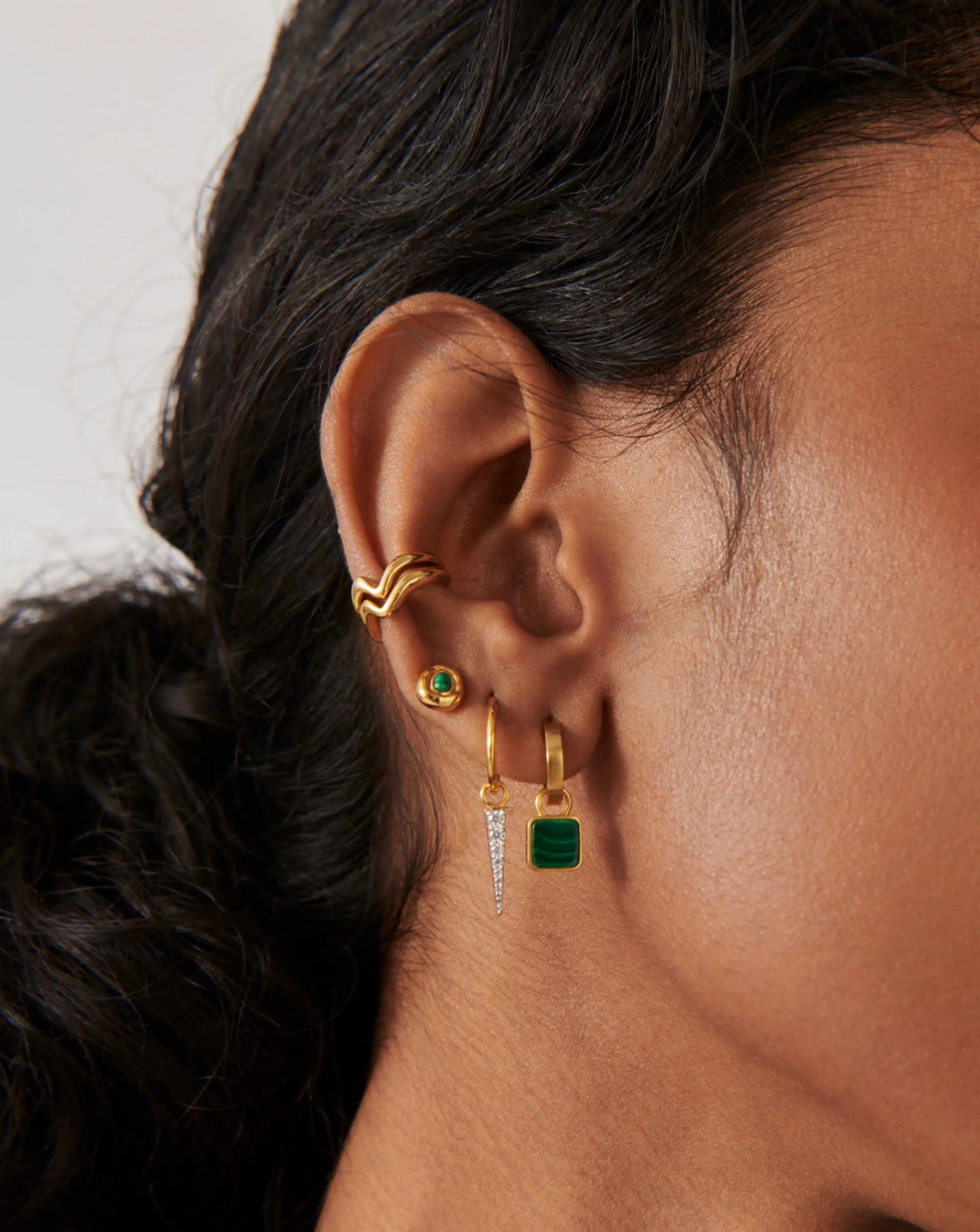 Lucy Williams Square Malachite Charm Mini Hoop Earrings  | 18ct Gold Plated Vermeil/Malachite